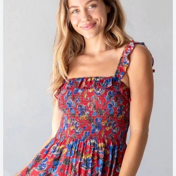 NEW Natural Life Smocked Floral Midi Dress Red Blue Boho M Cottage Romantic - Picture 2 of 7